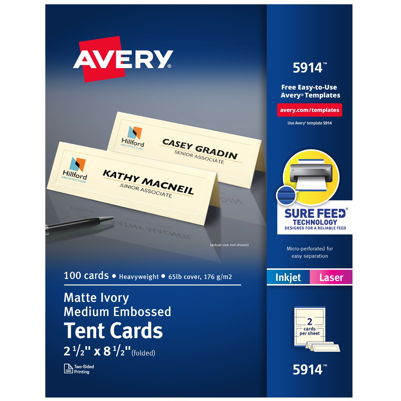 Avery Printable Tent Cards with Sure Feed Technology, 2.5" x 8.5", Ivory with Embossed Border, 100 Blank Place Cards (5914)